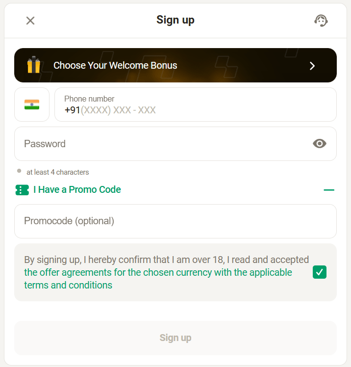 Écran d'inscription Parimatch